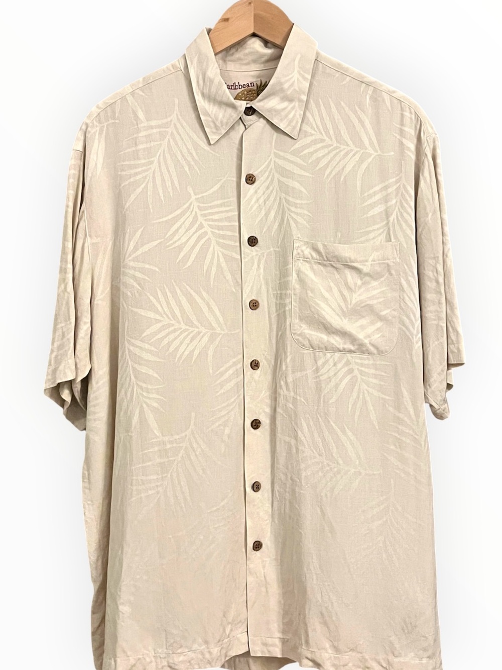 Vintage 100% Silk Caribbean Resort Shirt Beige Palm Print Hawaiian Button Up XL